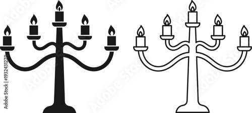 Vintage candelabra with 8 candles, elegant black and white illustration Vector