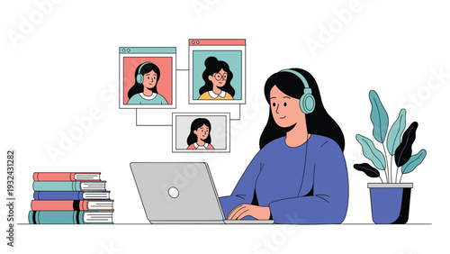 Young woman participating in a video conference or online lesson with multiple participants on a laptop screen in a remote work setting.