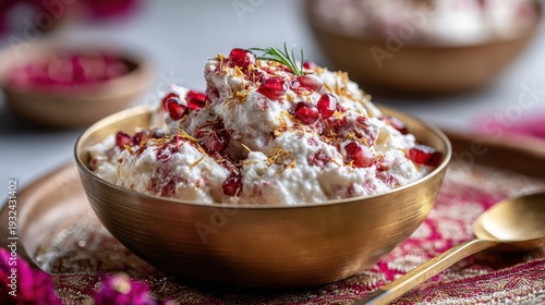 Festive Dahi Bhalla in Brass Bowl with Yogurt Tamarind Chutney Pomegranate Holi Special