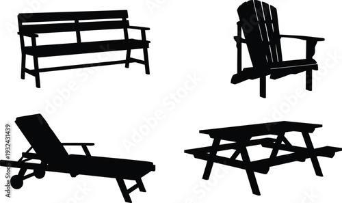 Silhouettes of outdoor furniture including bench chair lounge and picnic table
