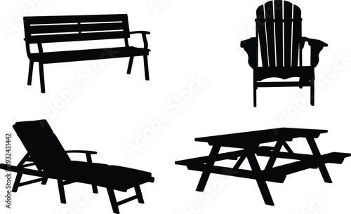 Silhouettes of outdoor furniture including bench chair lounge and picnic table