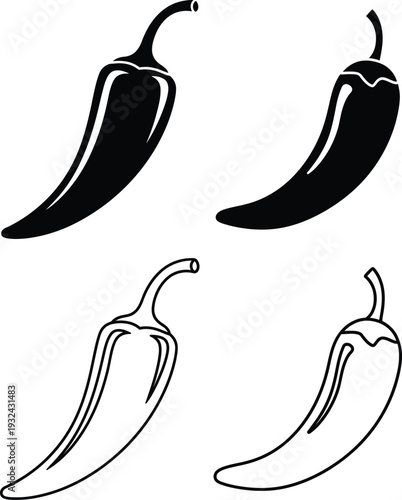 Four black and white pepper illustrations for design and art projects Vector