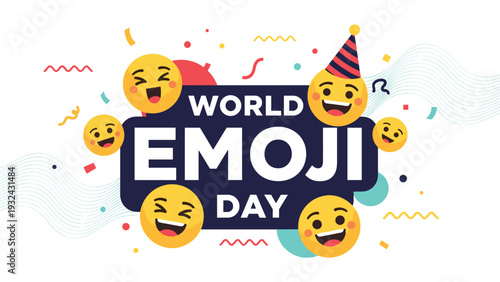 World emoji day celebration with various happy smiling emoticons confetti and festive party decorations on blue background.