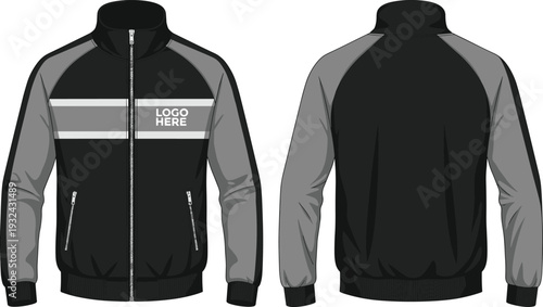 Full zip raglan track jacket technical flat sketch, athletic sportswear windbreaker vector illustration, front and back view fashion CAD drawing template.