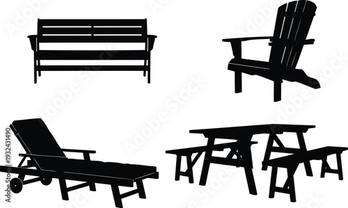 Silhouettes of outdoor furniture set including bench chair lounge and table