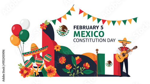 Mexico constitution day illustration with mexican flag mariachi playing guitar balloons and traditional festive decorations.