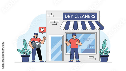 Dry cleaners storefront building with happy customers holding laundry basket and giving thumbs up sign for service.