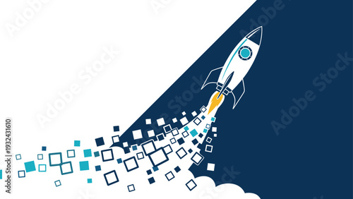Rocket ship launching into space with pixelated digital trail against dark blue and white abstract space background.