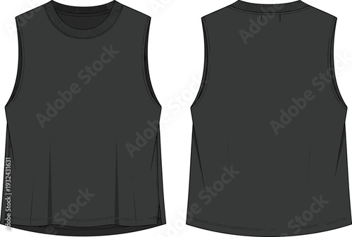 Black sleeveless muscle tank top mockup front and back view isolated clothing technical sketch cad drawing flat vector illustration for apparel