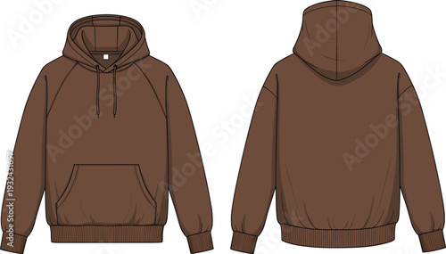 Brown oversized raglan hoodie vector illustration with kangaroo pocket and drawstring, technical fashion flat cad drawing for apparel design template