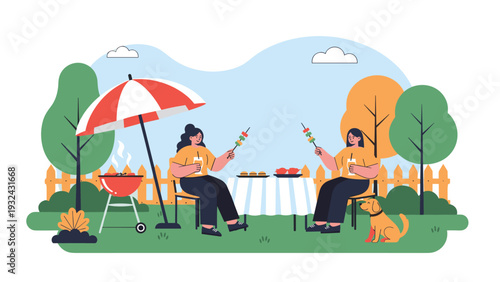 Family having outdoor barbecue picnic in garden with grill food drinks and dog during professional summer holiday.