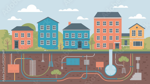 An illustration of a neighborhood with colorful houses and underground infrastructure