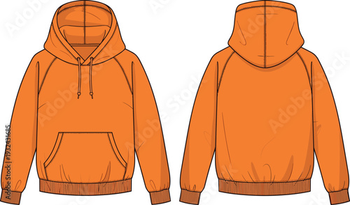 Orange oversized raglan hoodie vector illustration with kangaroo pocket and drawstring, technical fashion flat cad drawing for apparel design template