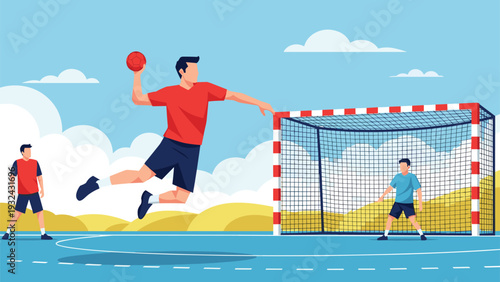 Handball player jumping to throw ball into goal during match with team and goalkeeper on professional outdoor court.