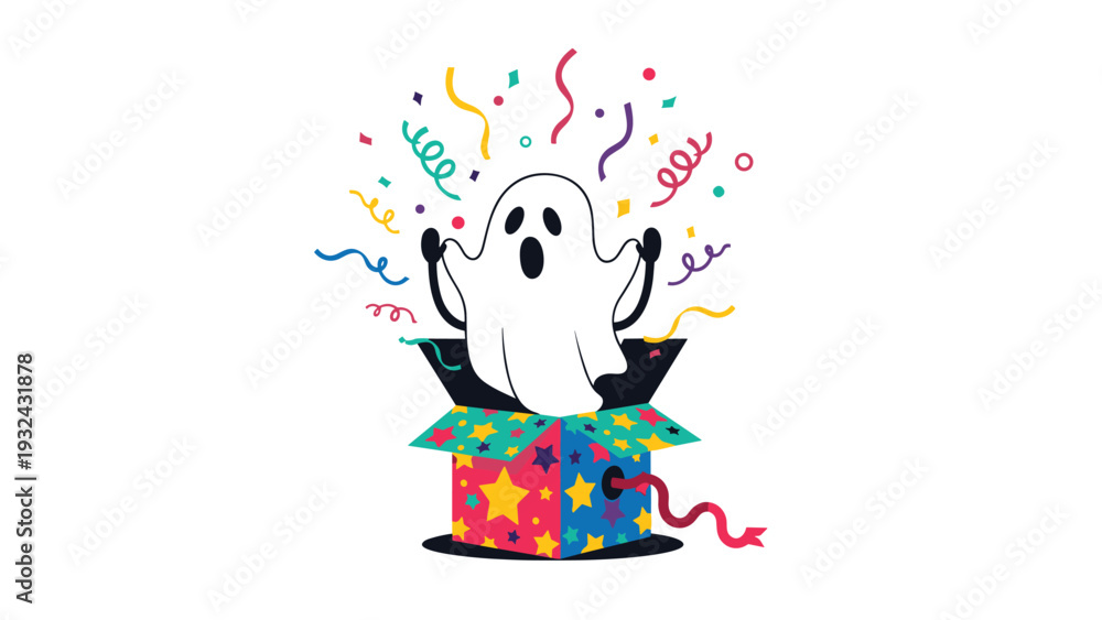Fototapeta premium Halloween surprise with cute ghost jumping out of colorful gift box with confetti and various party decorations.