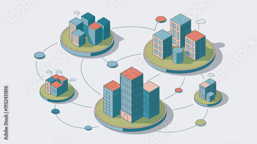 A vibrant illustration of connected cityscapes with modern buildings and green spaces