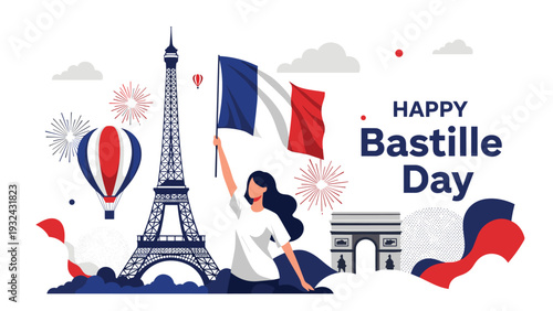 Happy bastille day celebration with eiffel tower french flag woman holding flag fireworks and arc de triomphe monument.