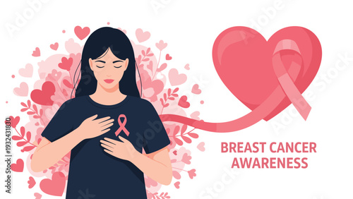 Breast cancer awareness month illustration with woman and pink ribbon heart symbol for global health and support.
