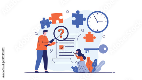 Investigation team using magnifying glass to search for clues in documents with puzzles and key symbols in background.