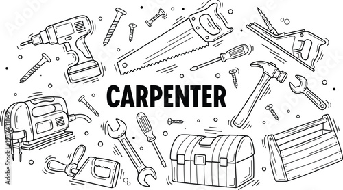 Carpenter tools vector illustration, saw hammer drill wrench toolbox black and white line art collection