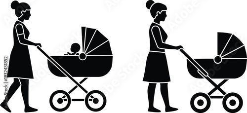 Two women walking with strollers - minimalist black and white illustration Vector