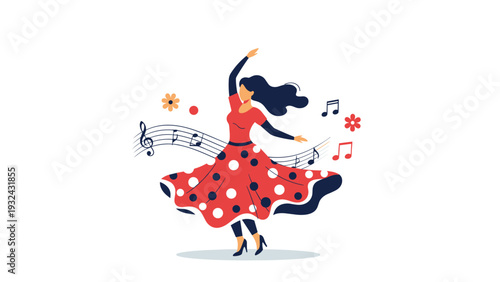 Passionate flamenco dancer in red polka dot dress performing with musical notes and flowers on white background banner.