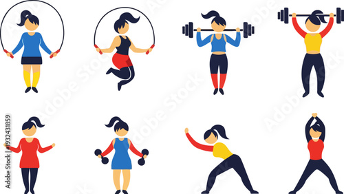Set of 8 Women Exercising and Fitness Activities Vector Icons