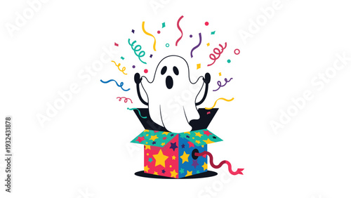 Halloween surprise with cute ghost jumping out of colorful gift box with confetti and various party decorations.