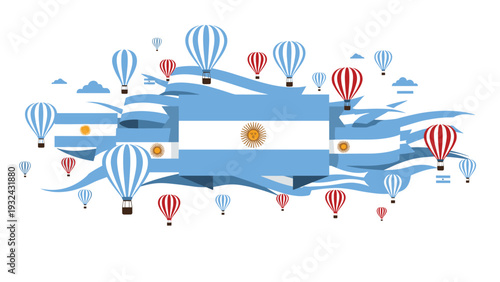 Argentina national day celebration featuring flag ribbons and hot air balloons in blue and white colors landscape.
