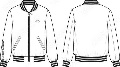 White varsity bomber jacket technical fashion sketch, cad drawing flat vector illustration, front and back views for apparel design mockup.