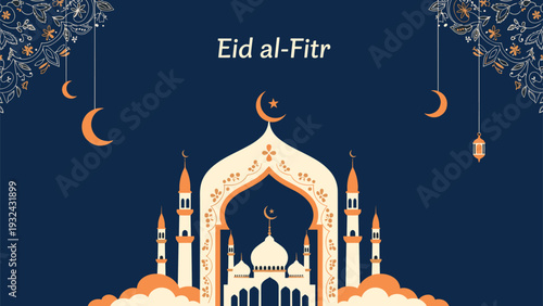 Eid al-fitr greeting card with mosque architecture crescent moon stars and floral patterns on dark blue night background.