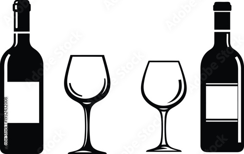 wine bottles and empty wine glasses side by side