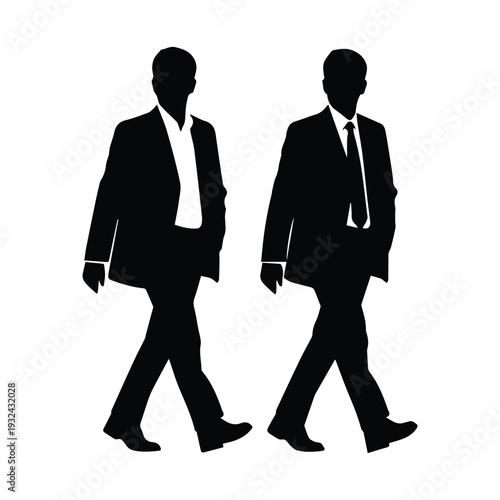 Two businessmen walking in suits on white background