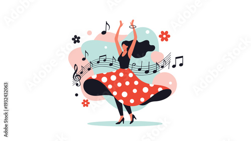 Elegant woman in red polka dot skirt dancing gracefully surrounded by flowing musical notes and floral elements in artistic flat illustration.
