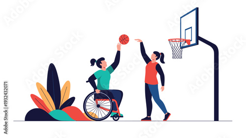 Inclusive sports illustration featuring young woman in wheelchair and friend playing basketball together on outdoor court near vibrant foliage.