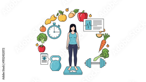 Comprehensive health and fitness concept showing woman on scale surrounded by fresh vegetables, fruits, workout equipment, and medical icons.