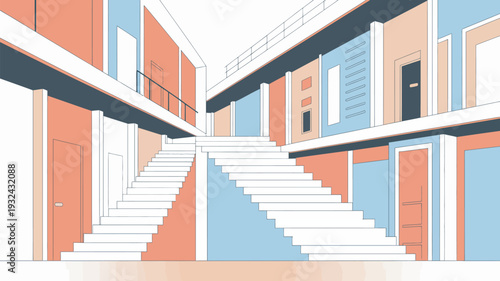 A colorful illustration of a modern building with a staircase and multiple doors leading to different areas