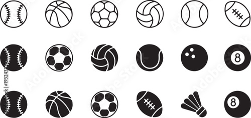 isolated white background Set of Various Sport Balls and Equipment Icons in Black and White