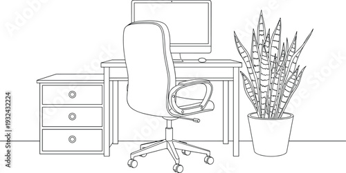 Home office workspace vector illustration, desk computer chair drawer cabinet indoor plant modern minimalist line art interior design