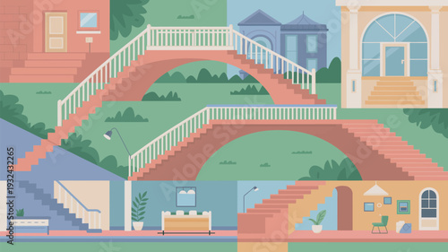 A vibrant illustration of a multi-level neighborhood with various houses and staircases leading to different levels of a residential area