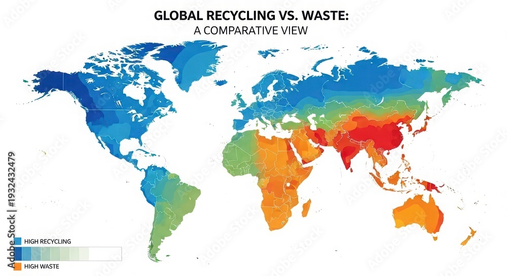 Obraz premium Global Recycling Vs. Waste: An illustrative view of global recycling versus waste on a world map. The map visually represents recycling efforts and waste levels worldwide.