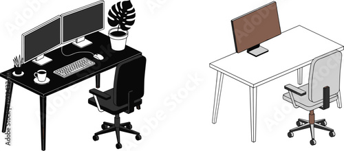 Modern office desk setup vector illustration, computer workstation with chair monitor plant and coffee cup