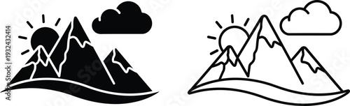 Mountain landscape with sun and clouds - nature scenery illustration Vector