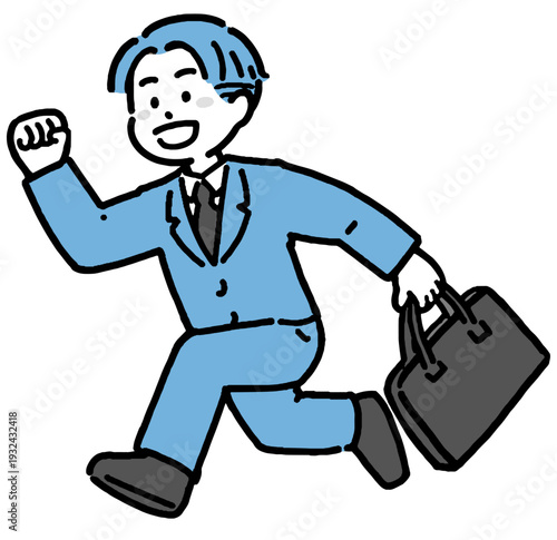 笑顔で走る若手ビジネスマンの2色イラスト