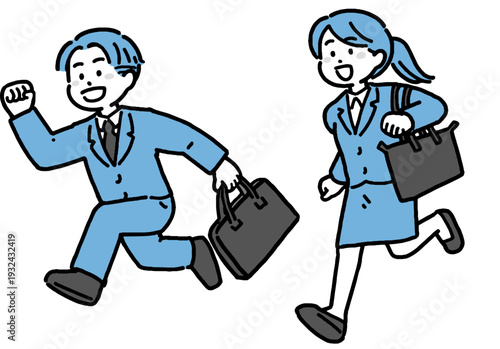 笑顔で走る若手ビジネスマンとビジネスウーマンの2色のセット