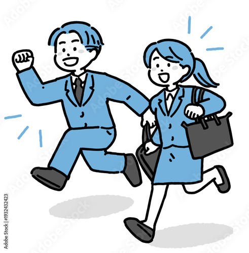 笑顔で走る若手ビジネスマンとビジネスウーマンの2色イラスト