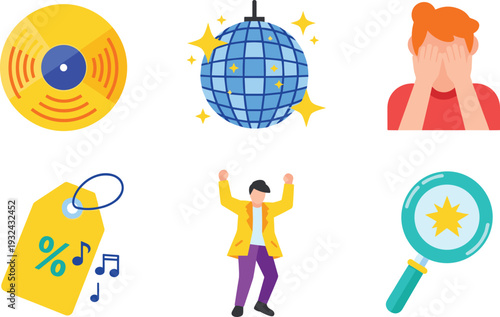Music entertainment icons vector illustration, vinyl disco dancing sale tag search emoji colorful flat design set