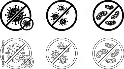 No virus bacteria sign vector illustration, stop germs prohibition symbol black and white medical safety icon set