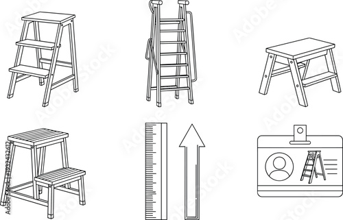 Step ladder stool vector illustration, folding wooden ladder height measurement black and white line art set