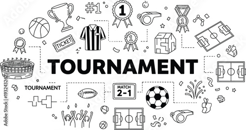 Sports tournament vector illustration, trophy medal soccer basketball stadium match scoreboard black and white line art design